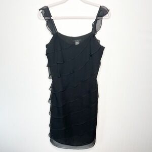 ECI New York Black 100% Silk Tiered Ruffle Sheath Cocktail Dress Womens Size 10